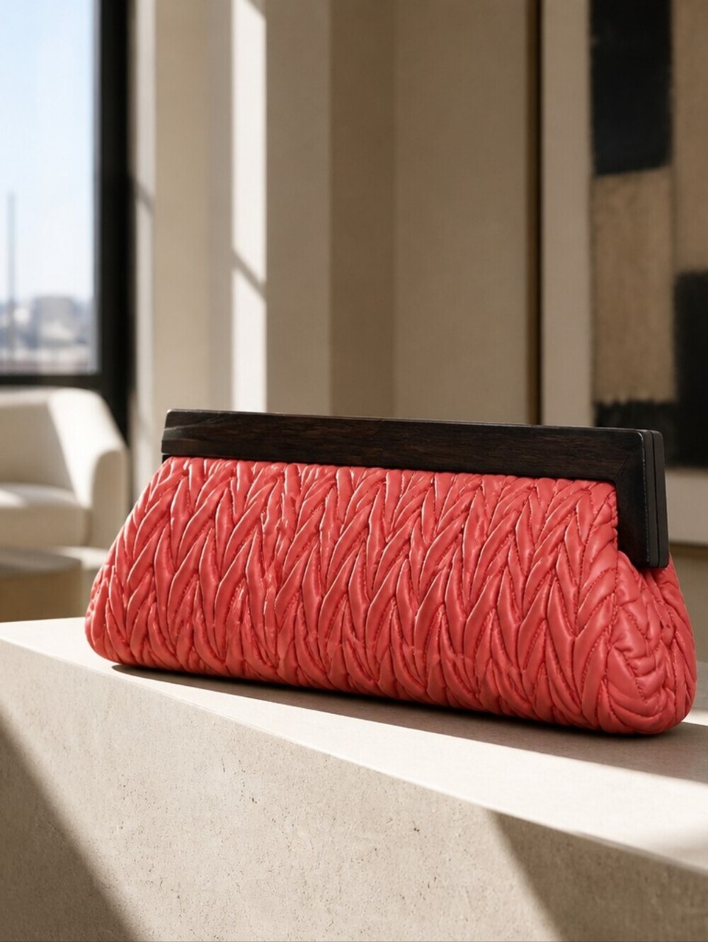 Unique MCM Aesthetic Clutch. Retro Coral Dark Wood